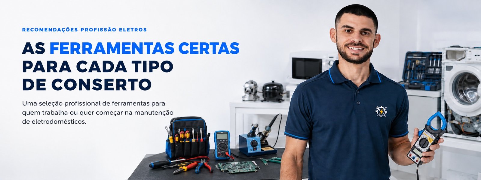 Banner Profissão Eletros com técnico e ferramentas para manutenção de eletrodomésticos